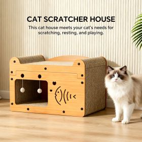 Cat Scratcher House with Bed and 2 Hanging Ball Toys, Wooden Cat Cave with Corrugated Scratching Board