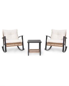 3 Piece Rocking Wicker Patio Conversation Set with Coffee Table with Sturdy Steel Frame Weather-Resistant, Foldable Design